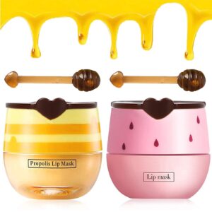 2pcs bee lip balm honey pot, honey & strawberry lip balm moisturizing lip sleep mask with stick hydrating & prevention dry and cracked lip scrubs exfoliator, reduces lip lines