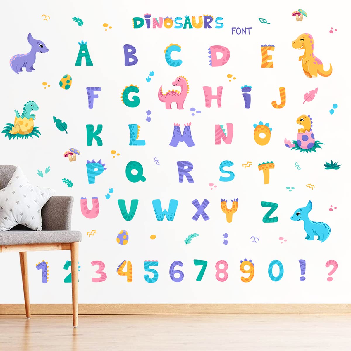 WOYINIS Dino Alphabets Wall Stickers Peel & Stick Vinyl Dinosaur ABC Numbers Wall Decal Colorful Classroom Kids Room Playroom Baby Nursery Wall Decor Early Education Learning Tools