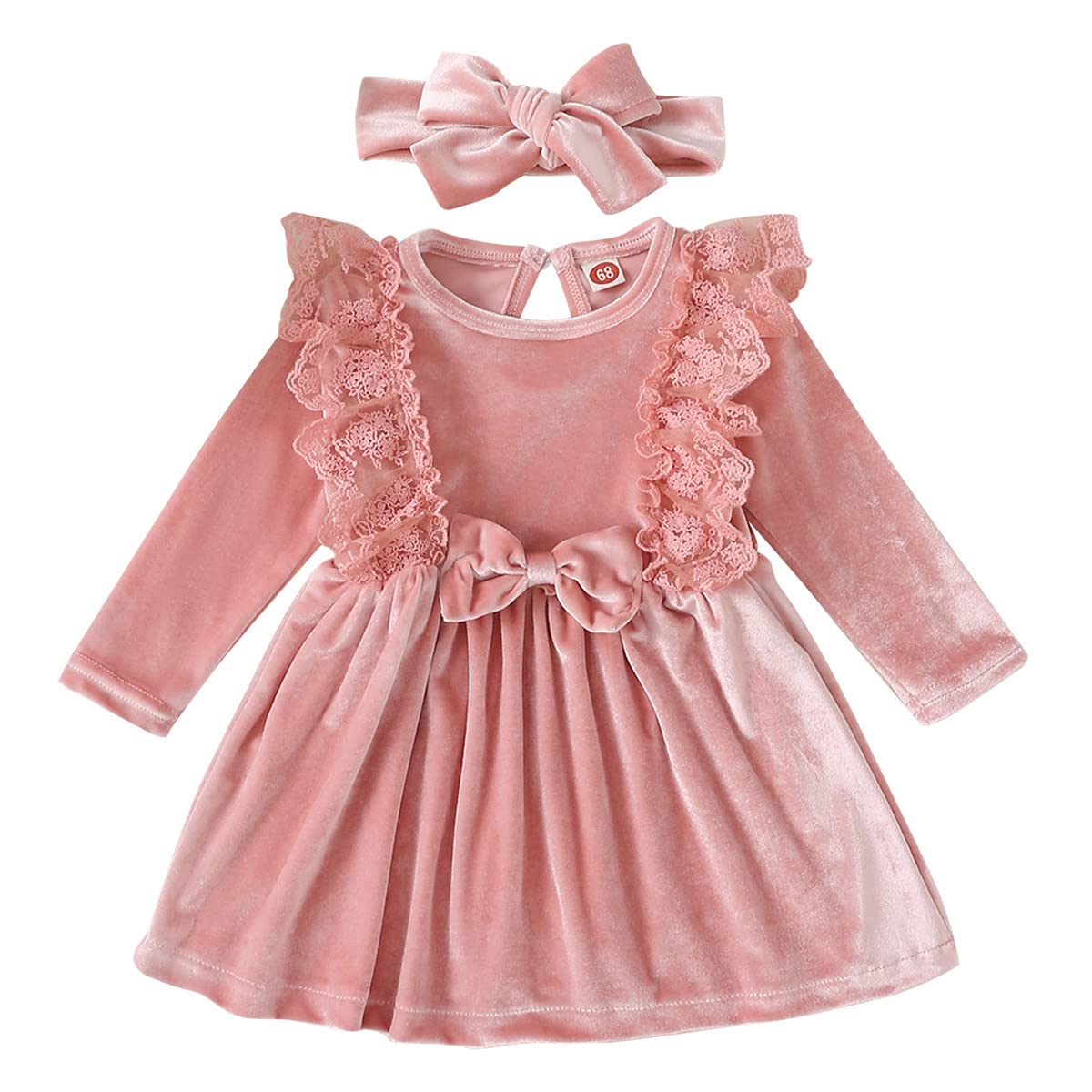 Toddler Baby Girls Velvet Tutu Dress Ruffle Long Sleeve Princess Pageant Christmas Party Dresses + Headband Fall Winter Clothes Infant Birthday Playwear Dresses Outfits Pink + Headband 6-9 Months