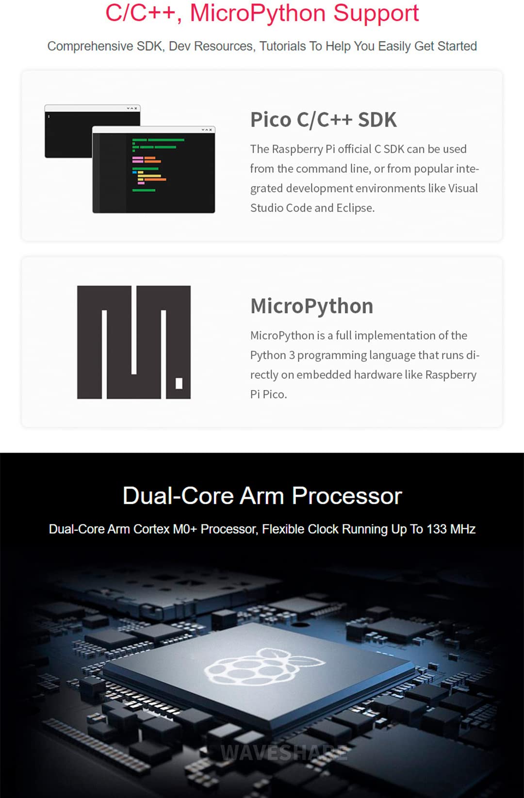 waveshare Pre-Soldered Header Raspberry Pi Pico W, Built-in WiFi Support 2.4 GHZ Wi-Fi 4, Based on Official RP2040 Dual-Core Processor,Dual-core Arm Cortex M0+ Processor