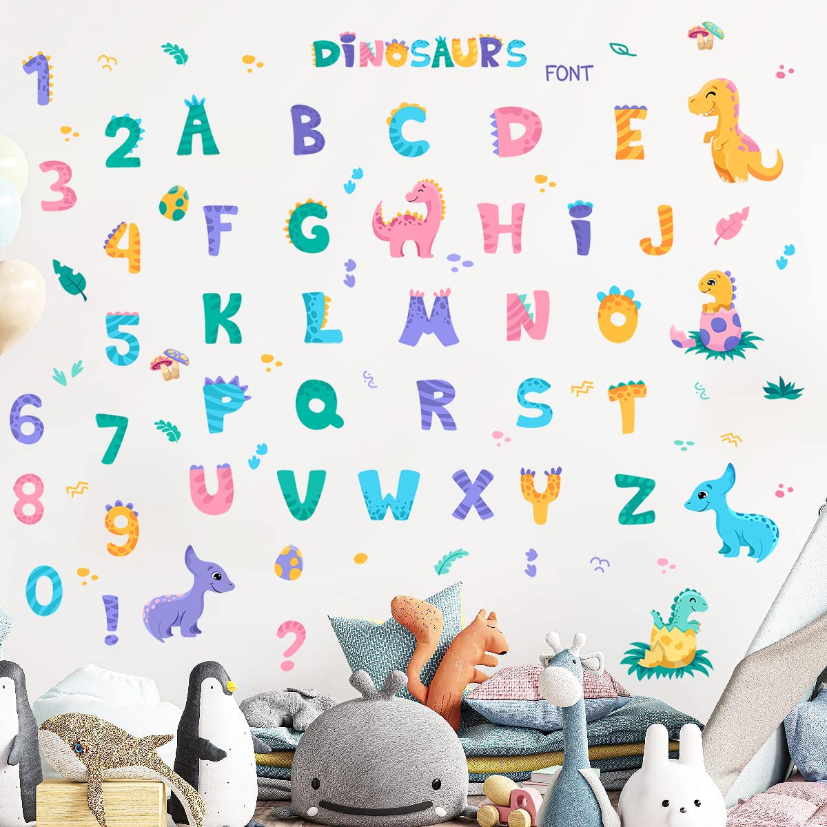 WOYINIS Dino Alphabets Wall Stickers Peel & Stick Vinyl Dinosaur ABC Numbers Wall Decal Colorful Classroom Kids Room Playroom Baby Nursery Wall Decor Early Education Learning Tools