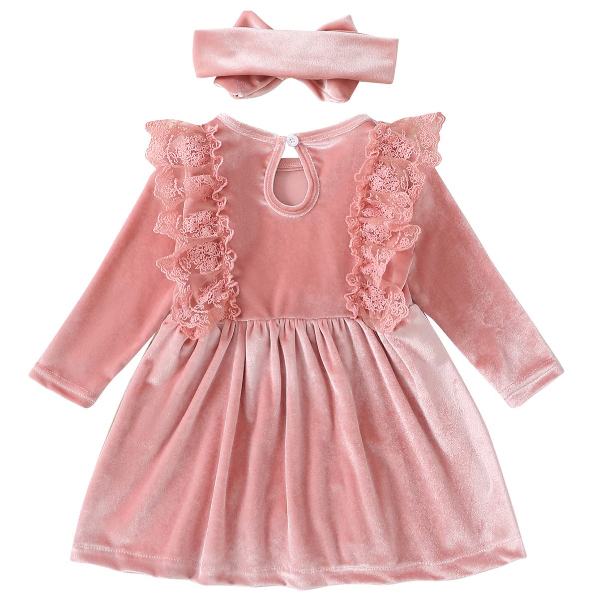 Toddler Baby Girls Velvet Tutu Dress Ruffle Long Sleeve Princess Pageant Christmas Party Dresses + Headband Fall Winter Clothes Infant Birthday Playwear Dresses Outfits Pink + Headband 6-9 Months