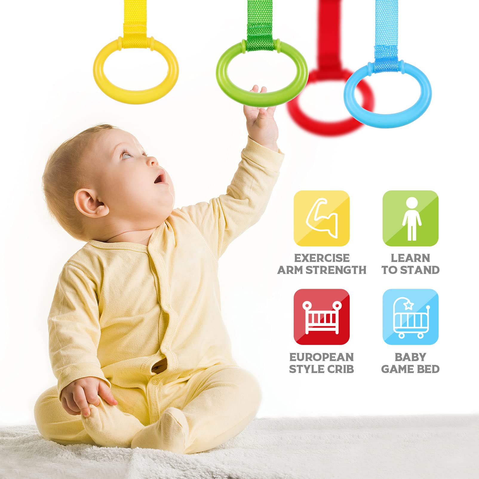 Zerodeko 4Pcs Baby Crib Pull Rings, Baby Walking Training Rings Stand Up Safety Hanging Rings Playpen Accessories Cot Ring Play Gym Walker Assistant Tools for Baby, Toddler, Infant