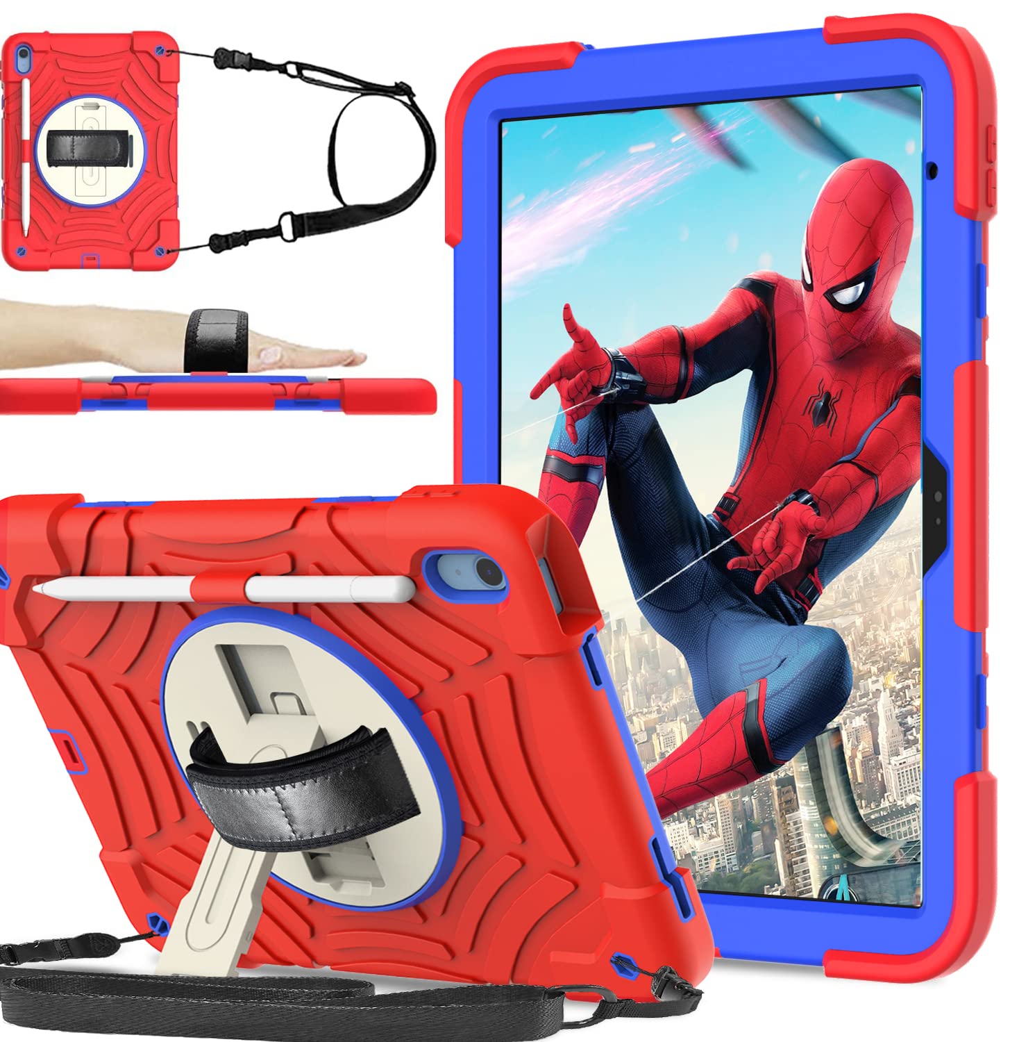 BMOUO Case for iPad 10th Generation - with Screen Protector, 360 Rotating Stand & Pencil Holder & Hand Shoulder Strap Shockproof Case for iPad 10th Generation 10.9 inch 2022, Red