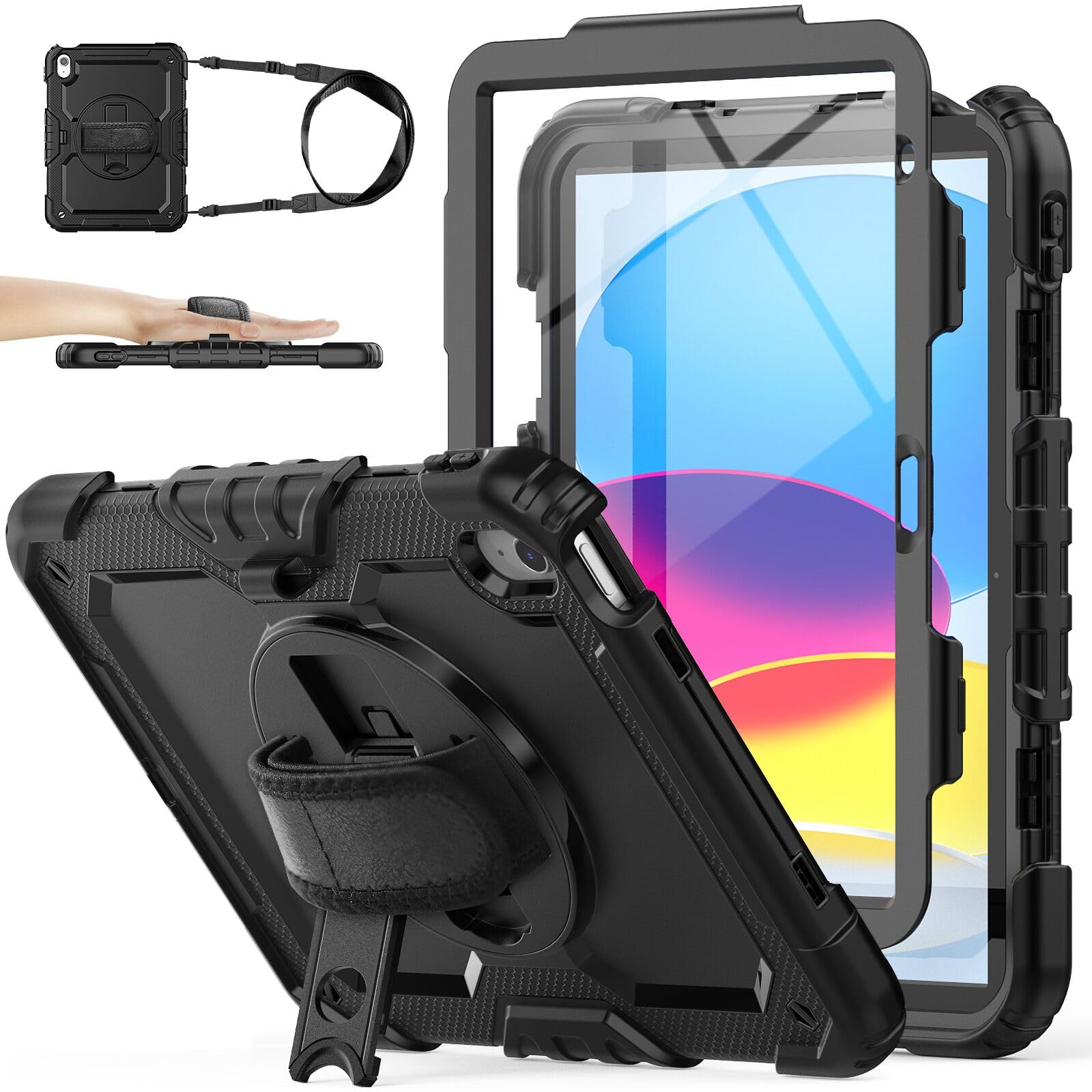 SIBEITU Case for iPad 10th Generation 10.9 Inch 2022 with Screen Protector Pencil Holder, Heavy Duty Protective Case, Rugged Shockproof Cover w/Stand Hand Grip Shoulder Strap for iPad 10th Gen, Black