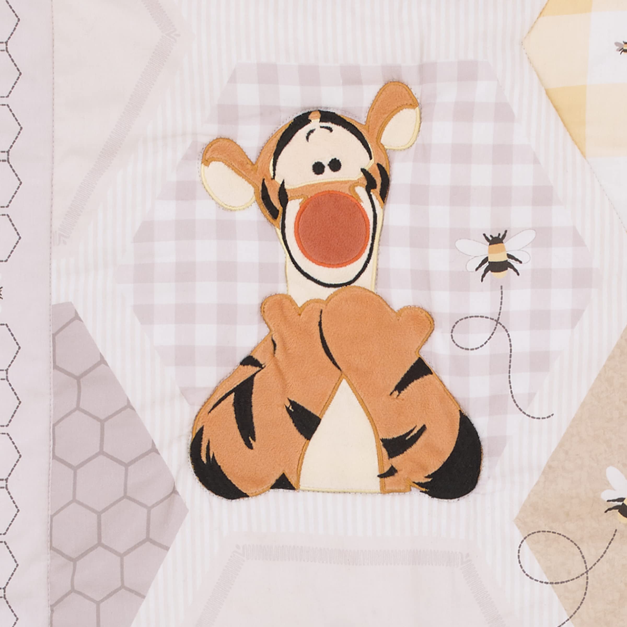 Disney Winnie The Pooh Hugs and Honeycombs Grey, White, and Tan Patchwork with Piglet, Tigger and Eeyore 3 Piece Crib Bedding Set - Comforter, 100% Cotton Fitted Crib Sheet, and Crib Skirt