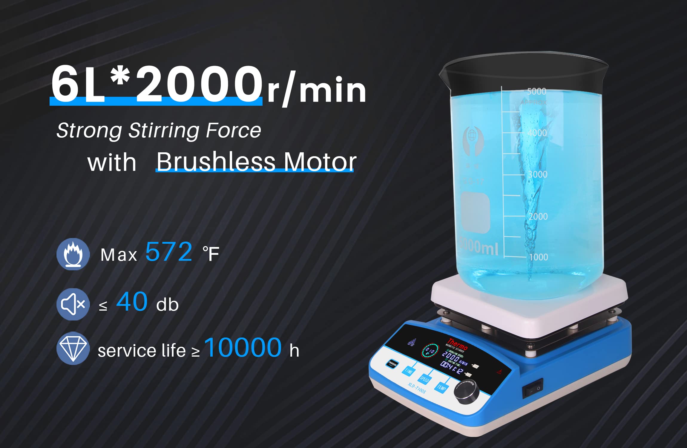 Magnetic Stirrer Hot Plate 6L Stirring Capacity, 6.5' LCD Hot Plate Stirrer w/ 2000rpm, Max 572℉/300℃ Hot Plate with Magnetic Stirrer, Stirrer Bars and Retriever Included