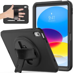 seymac stock case for ipad 10th generation 10.9 inch, full-body case with 360° rotating stand & hand strap [pencil holder] [touch id support] case for ipad 10th generation 10.9" 2022, black