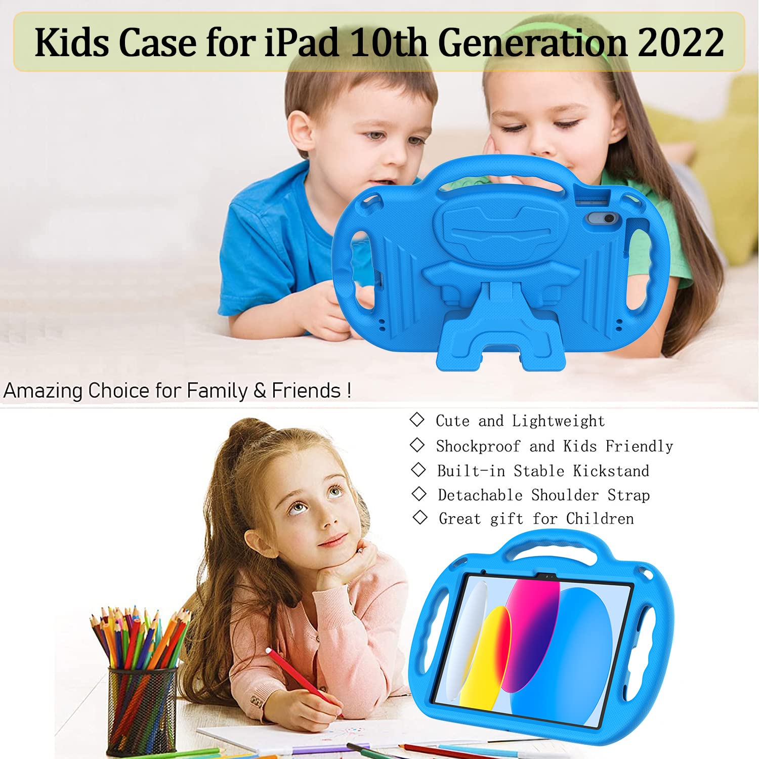 LTROP Kids Case for iPad 10th Generation 10.9 Inch 2022, iPad 10.9 Case 10th Generation, with Shoulder Strap, Durable Light Weight Handle Stand Child-Proof Bumper Case for iPad 10th Gen 2022, Blue