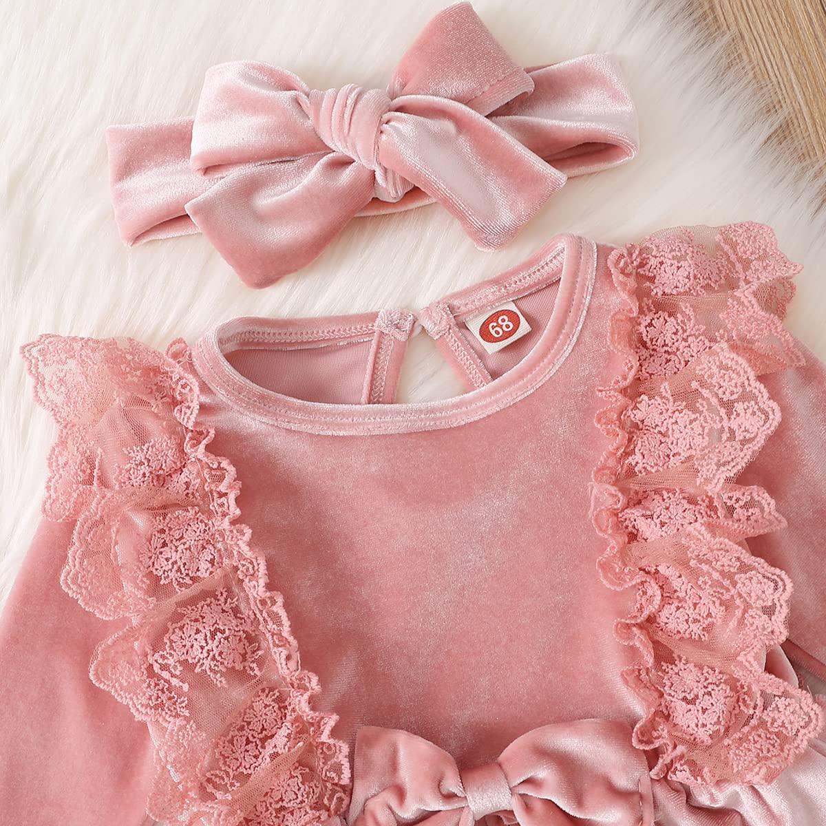 Toddler Baby Girls Velvet Tutu Dress Ruffle Long Sleeve Princess Pageant Christmas Party Dresses + Headband Fall Winter Clothes Infant Birthday Playwear Dresses Outfits Pink + Headband 6-9 Months