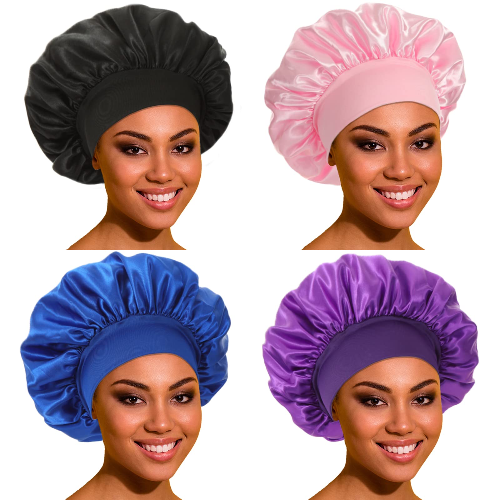 Satin Bonnet Silk Bonnet Hair Bonnet for Sleeping- 4 Pack Bonnets for Black Women with Wide Elastic Band for Curly Hair