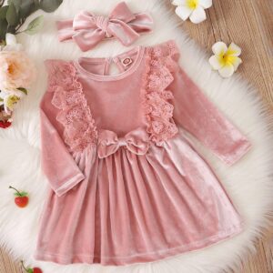 Toddler Baby Girls Velvet Tutu Dress Ruffle Long Sleeve Princess Pageant Christmas Party Dresses + Headband Fall Winter Clothes Infant Birthday Playwear Dresses Outfits Pink + Headband 6-9 Months