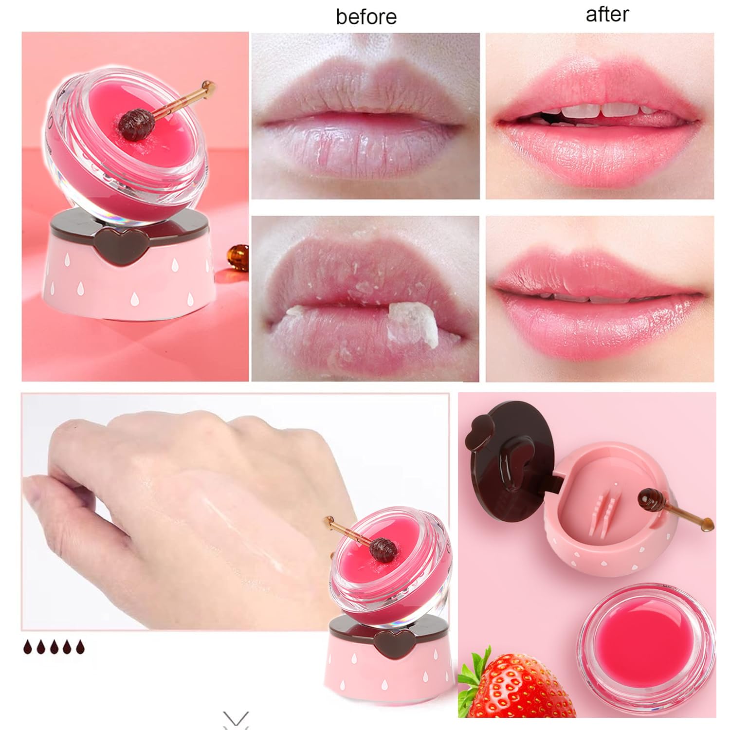 2Pcs Bee Lip Balm Honey Pot, Honey & Strawberry Lip Balm Moisturizing Lip Sleep Mask with Stick Hydrating & Prevention Dry and Cracked Lip Scrubs Exfoliator, Reduces Lip Lines