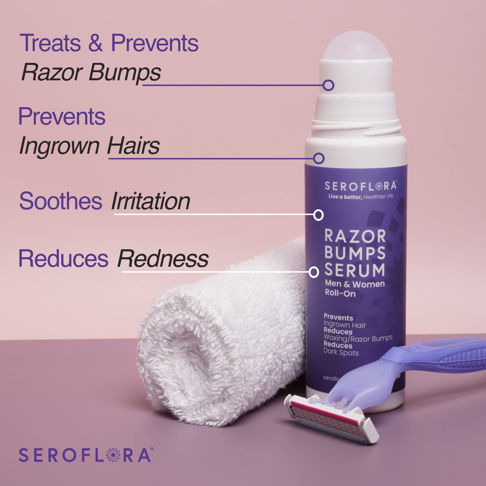 Seroflora Razor Bumps Serum-Ingrown Hair Treatment for Women-Razor Bump for Bikini Area - After Shave & Waxing - Roll-On-Face, Legs, Body (3.5floz)