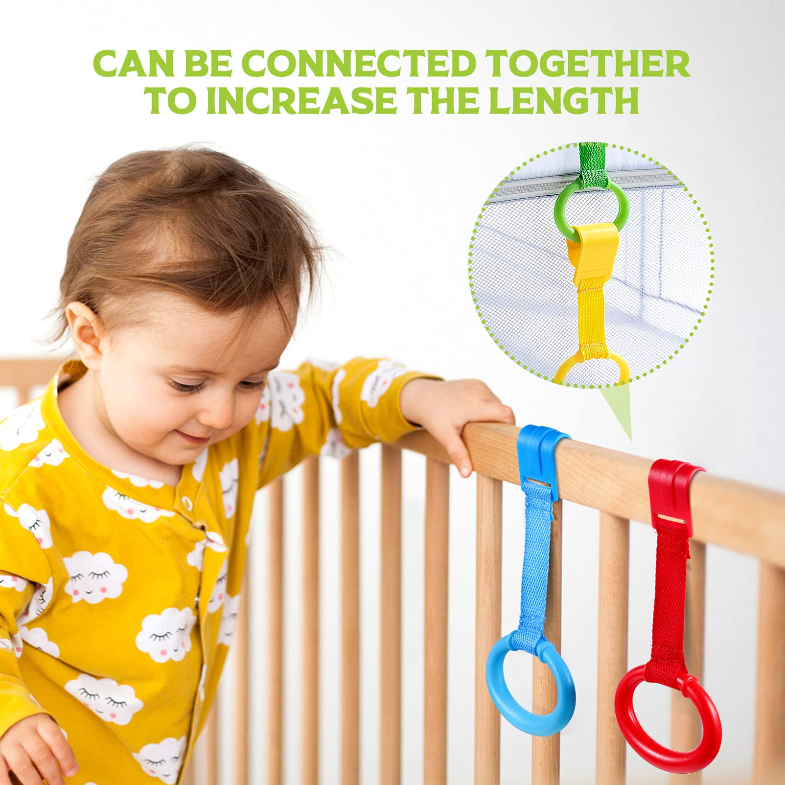 Zerodeko 4Pcs Baby Crib Pull Rings, Baby Walking Training Rings Stand Up Safety Hanging Rings Playpen Accessories Cot Ring Play Gym Walker Assistant Tools for Baby, Toddler, Infant