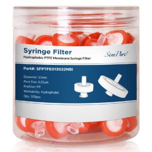 simpure syringe filter ptfe hydrophobic membrane 100 pcs, 0.22um pore size, 13mm disc diameter, hplc and gc needle filter, non-sterile, high throughput lab filtration, barreled packed