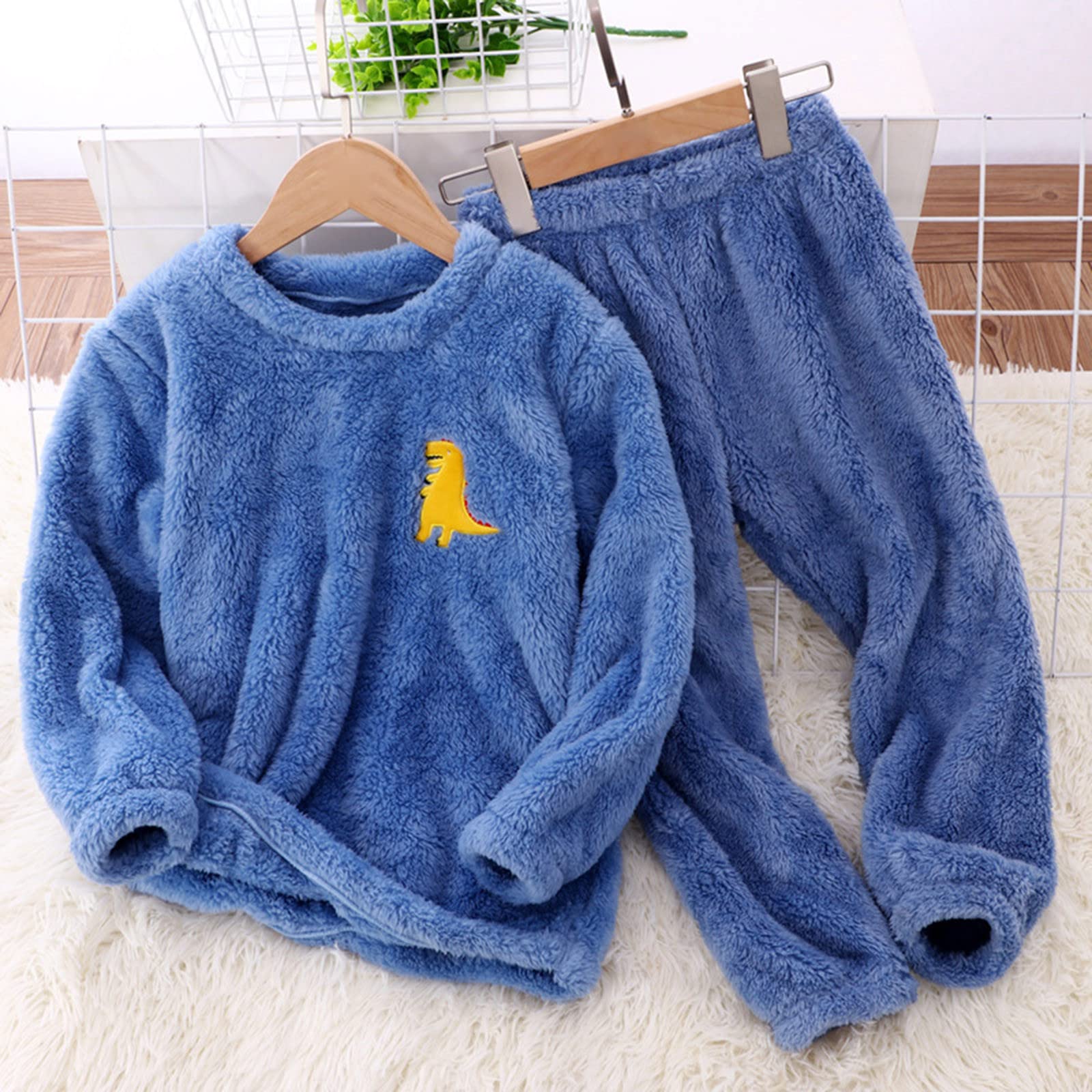 Toddler Boys Girls' Winter Warm 2 Piece Sleepwear Flannel Fleece Pajama Set Fleece Matching Tops Pants Set Outfits (2-Blue, 6-7 Years)