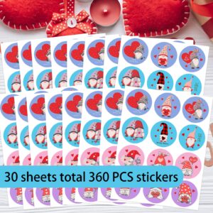 Lucleag Valentine’s Day Gnome Stickers for Kids, Romantic Valentines Gnome Stickers Round Valentines Day Stickers for Candy Goodie Envelope Seals Stickers Valentines Party Favors Decor 360pcs