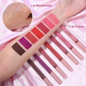 QiBest 7Pcs Matte Liquid Lipstick and 1Pcs Lip Plumper Makeup Set, Pigmented Waterproof Halloween Lip Make Up Valentine's Day Gift Lip Gloss Sets Long Wearing Velvet Lip Kit for Teens & Women