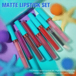 QiBest 7 Matte Liquid Lipstick with 1 Lip Plumber Gloss Makeup Set Long Lasting High Pigmented Velvety Waterproof Nude Lipgloss Kit Make Up Gift Sets for Women Girls