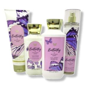 bath and body butterfly deluxe 7pc gift set includes fine fragrance mist, body cream, lotion, shower gel, cello bag, ribbon, and tag