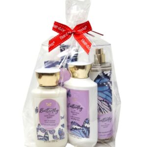 Bath and Body Butterfly Deluxe 7pc Gift Set includes Fine Fragrance Mist, Body Cream, Lotion, Shower Gel, Cello Bag, Ribbon, and Tag