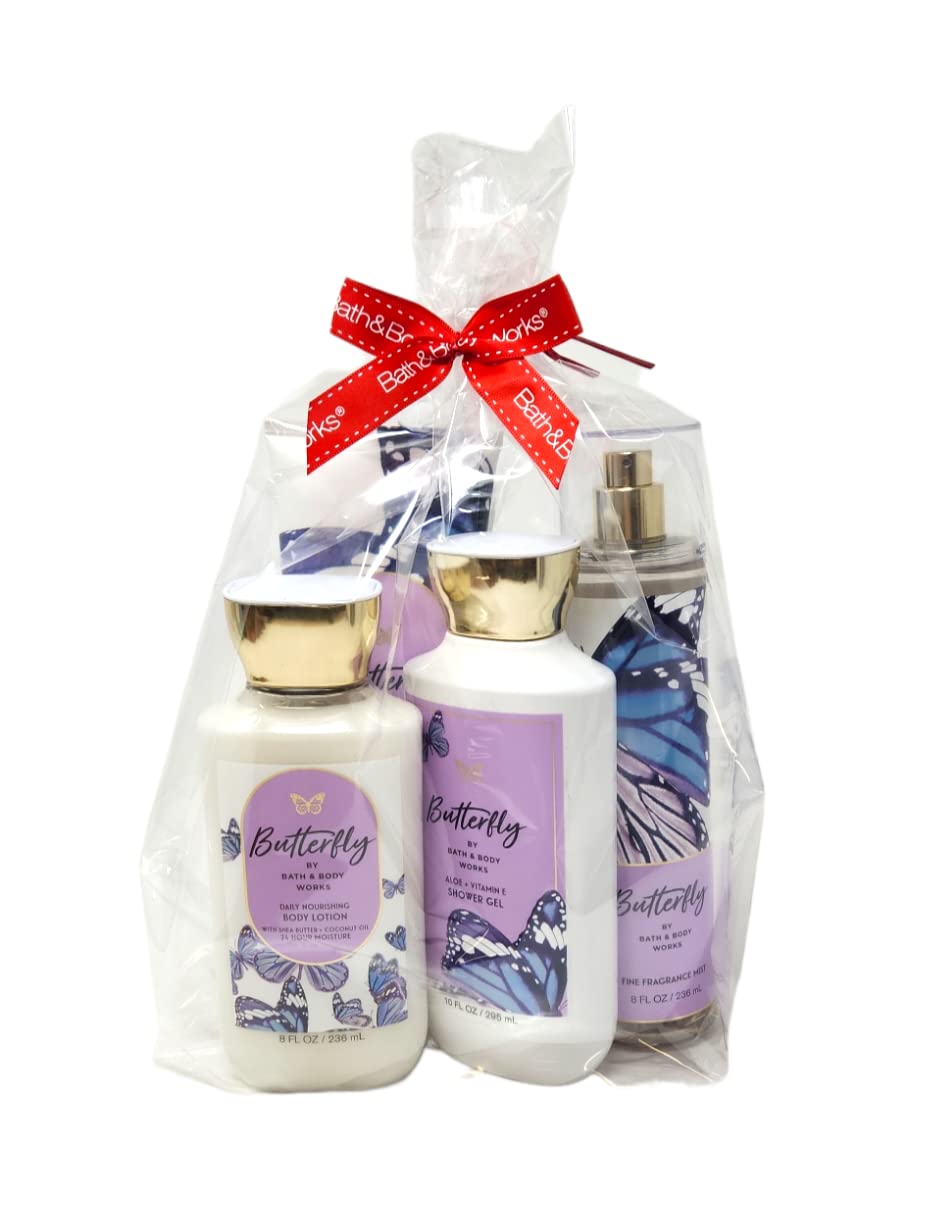 Bath and Body Butterfly Deluxe 7pc Gift Set includes Fine Fragrance Mist, Body Cream, Lotion, Shower Gel, Cello Bag, Ribbon, and Tag