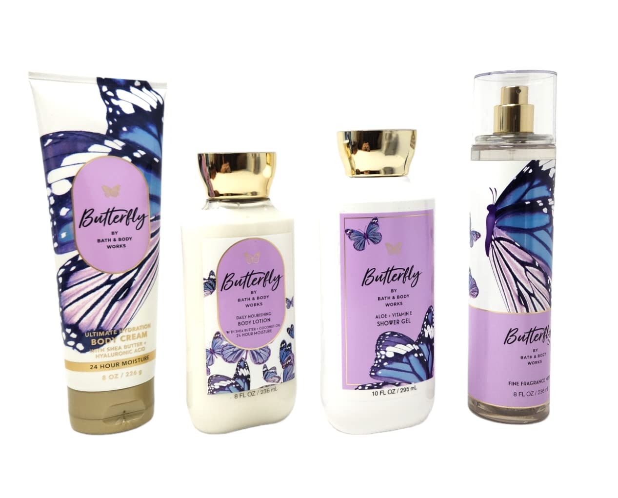 Bath and Body Butterfly Deluxe 7pc Gift Set includes Fine Fragrance Mist, Body Cream, Lotion, Shower Gel, Cello Bag, Ribbon, and Tag