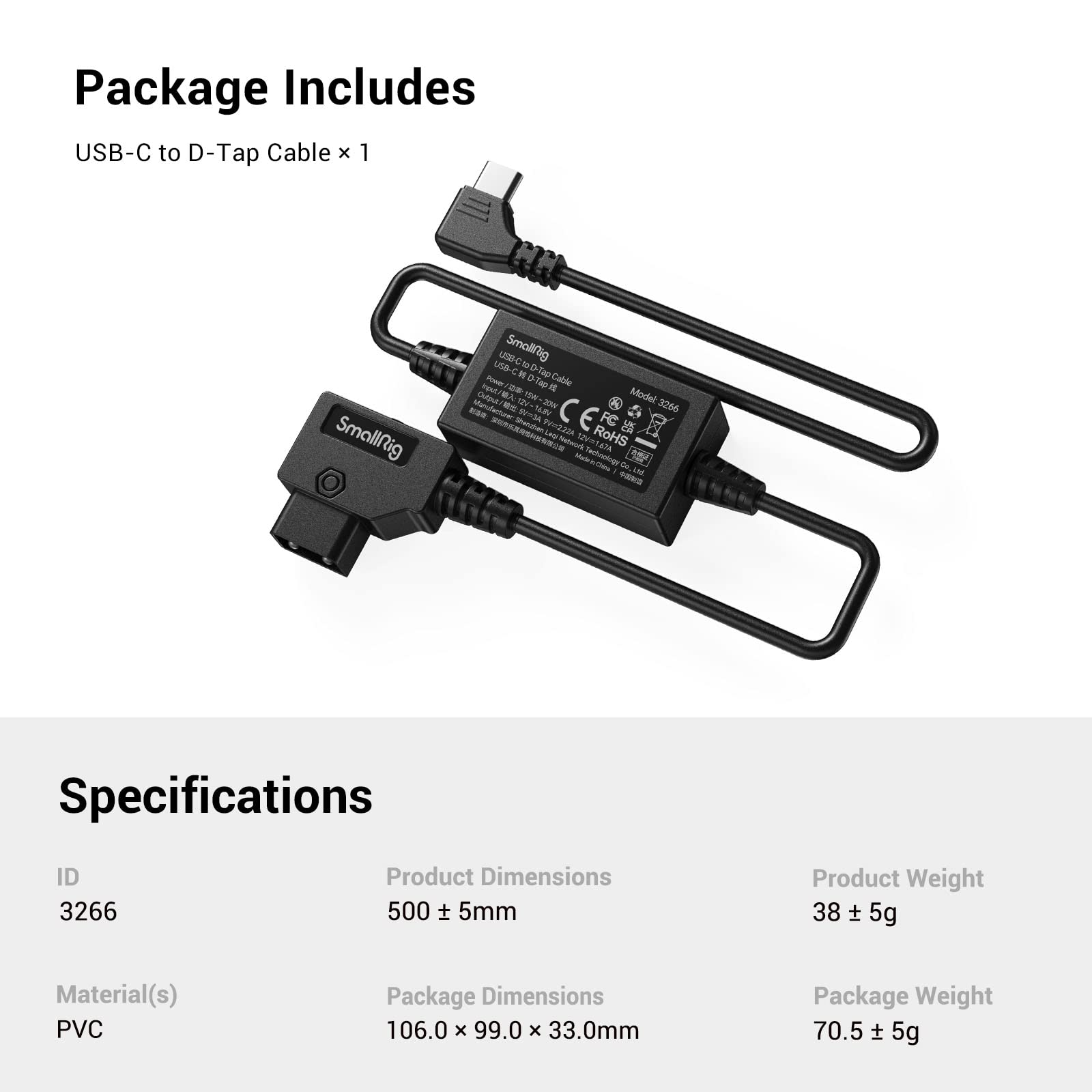 SMALLRIG D-Tap to USB-C Power Cable, Power-Supply Accessory of MagicFIZ Wireless Follow Focus System, Supports Fast Charging & Short Circuit Protection - 3266