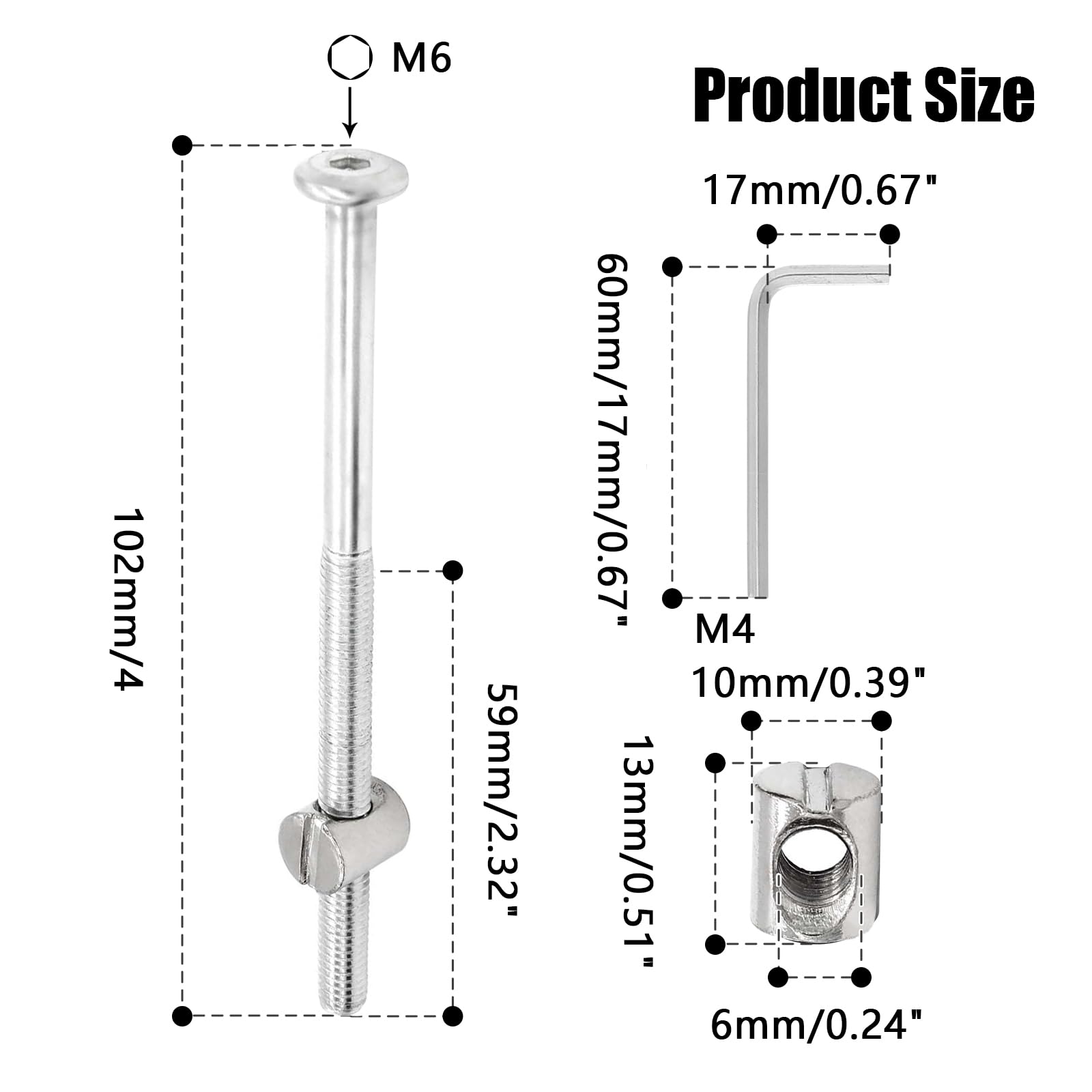 Biaungdo 12 Pcs M6 x 100mm Bunk Bed Bolts, Hex Drive Socket Furniture Barrel Screws Bolt Nuts Furniture Crib Baby Bed Bolt with Wrench(White)