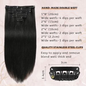 Clip In Hair Extensions Real Human Hair For Women 20inch 7pcs Black Hair Extensions 70g 100% Remy Virgin Human Hair Clip In Extensions Double Weft Clips Straight Soft Hair No Tangles