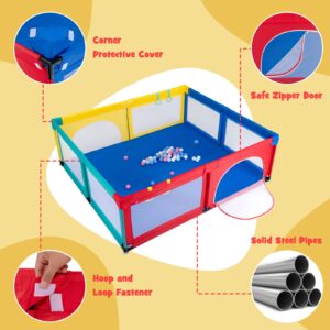 Costzon Baby Playpen for Toddler, Large Play Yard Indoor & Outdoor Kids Activity Center with Ocean Balls, Non-Slip Suction Cups, Handlebars, Breathable Mesh & Zipper Door, Playpen for Babies