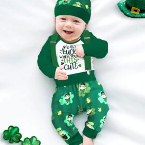 Queenstyle St Patricks Day Baby Boy Outfitt 3-6 Months My First St Patricks Day Baby Boy Outfit Romper Suspender Pants Print Hat 3Pcs Set