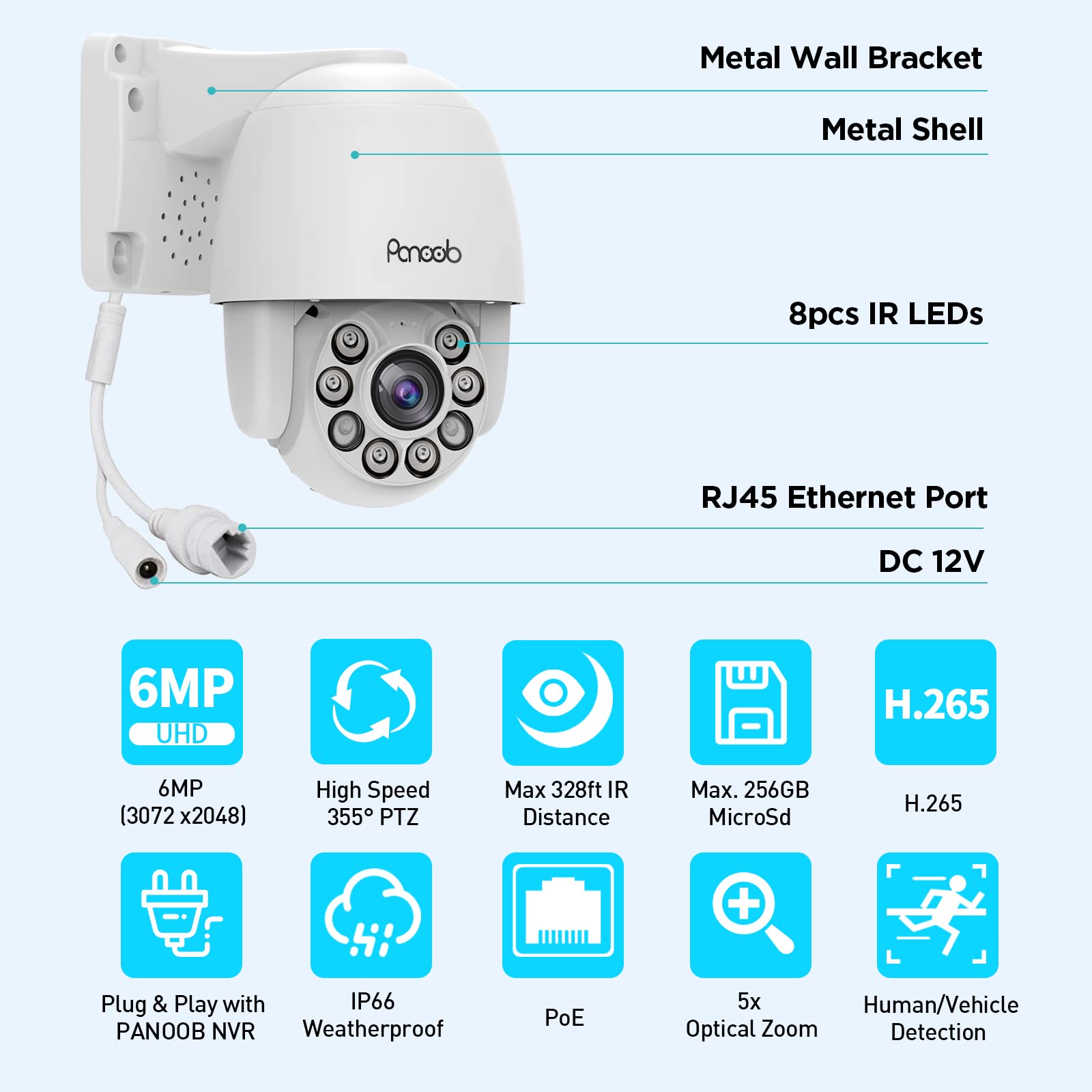 PANOOB 6MP PTZ Outdoor Camera, 355° Pan 90° Tilt 5X Optical Zoom PoE IP Security Cams, AI Human Vehicle Detection, 2.7-13.5mm Lens, 328ftIR Night Vision, Two Way Talk, Support 256GB SDCard, PT16A-6MZ