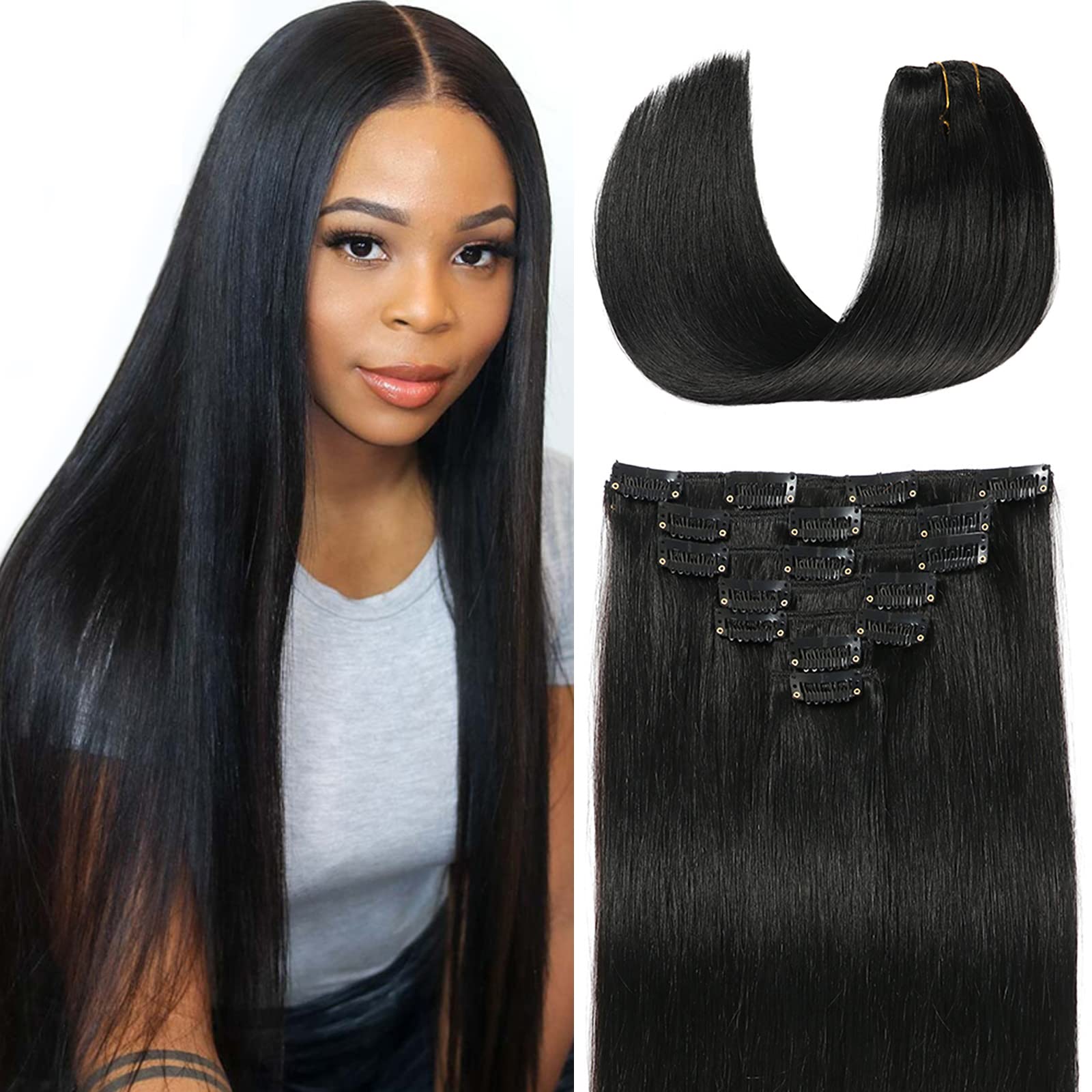 Clip In Hair Extensions Real Human Hair For Women 20inch 7pcs Black Hair Extensions 70g 100% Remy Virgin Human Hair Clip In Extensions Double Weft Clips Straight Soft Hair No Tangles