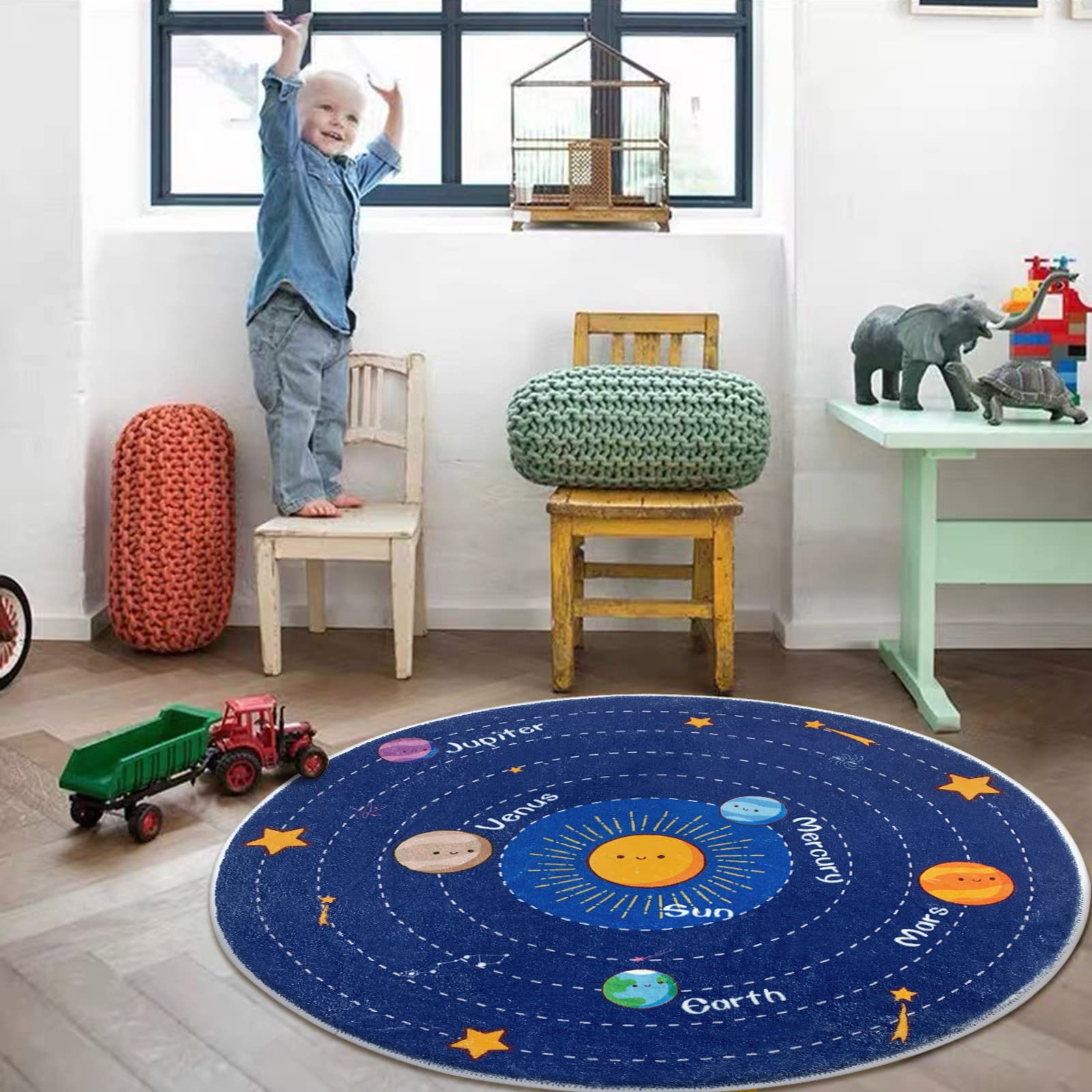 Solar System Kids Area Rug Nursery Rug Educational Galaxy Mat Learning Soft Carpet Non Skid Crawling Play Rug Boys Activity Mat for Toddler Bedroom Playroom (Round 31.5'' Blue)