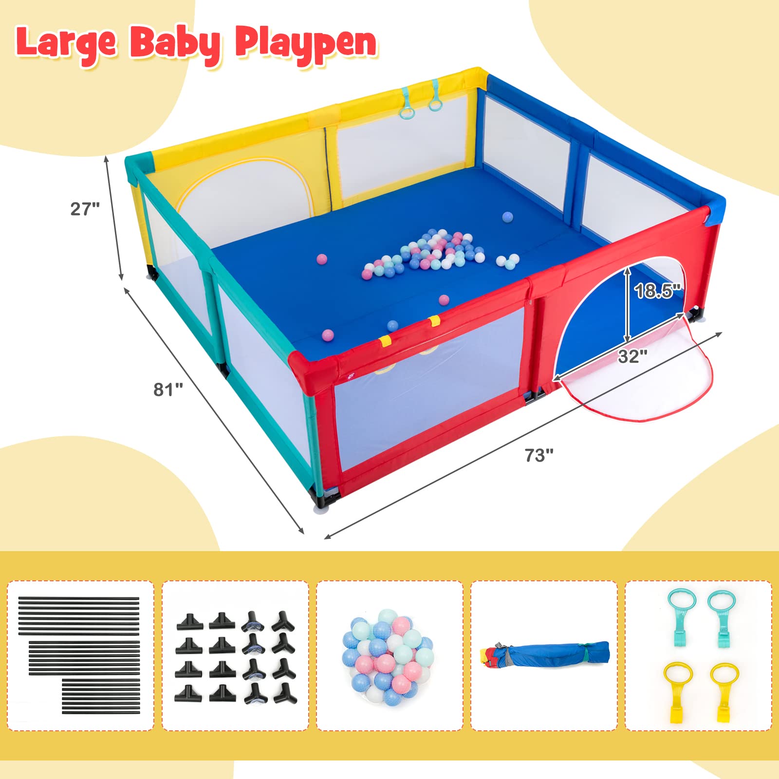 Costzon Baby Playpen for Toddler, Large Play Yard Indoor & Outdoor Kids Activity Center with Ocean Balls, Non-Slip Suction Cups, Handlebars, Breathable Mesh & Zipper Door, Playpen for Babies