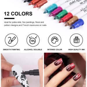 12 Color Metal Giltter 3D Nail Art Pens Set, Kalolary Nail Point Graffiti Dotting Pen Drawing Painting Liner Brush for DIY Nail Art Beauty Adorn Manicure Tools(E)