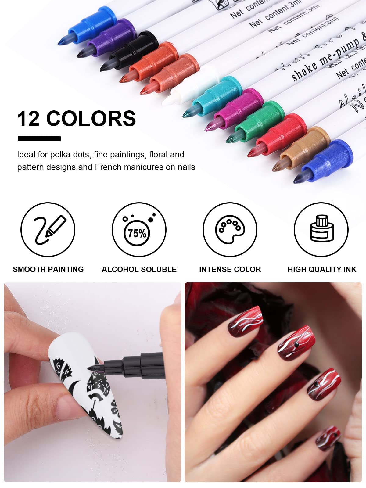 12 Color Metal Giltter 3D Nail Art Pens Set, Kalolary Nail Point Graffiti Dotting Pen Drawing Painting Liner Brush for DIY Nail Art Beauty Adorn Manicure Tools(E)