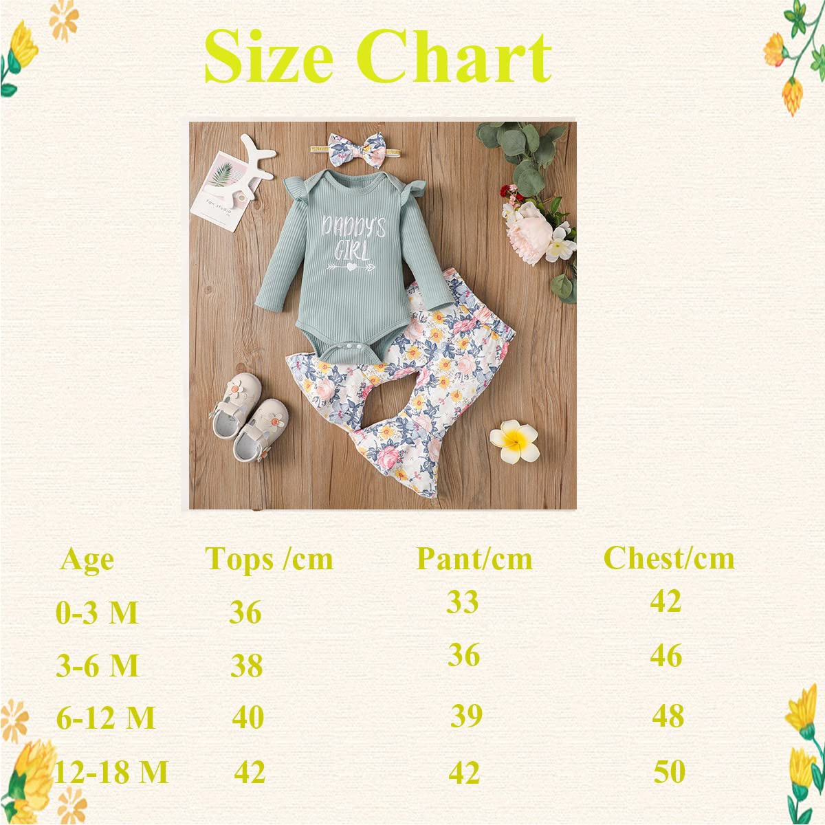 Singcoco Newborn Girl Clothes Baby Floral Flare Pants Outfit Daddy's Girl Bodysuit (Floral, 0-3 Months)