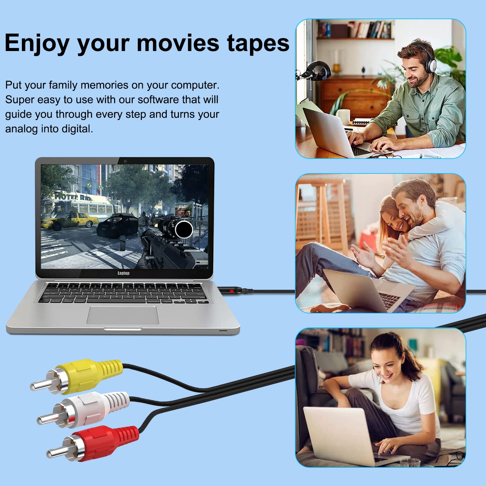 Wiistar USB Audio Video Capture Card VHS VCR to Digital Converter RCA AV to USB Video Capture Device Cable USB 2.0 Video Capture Card Video Grabber for Windows PC