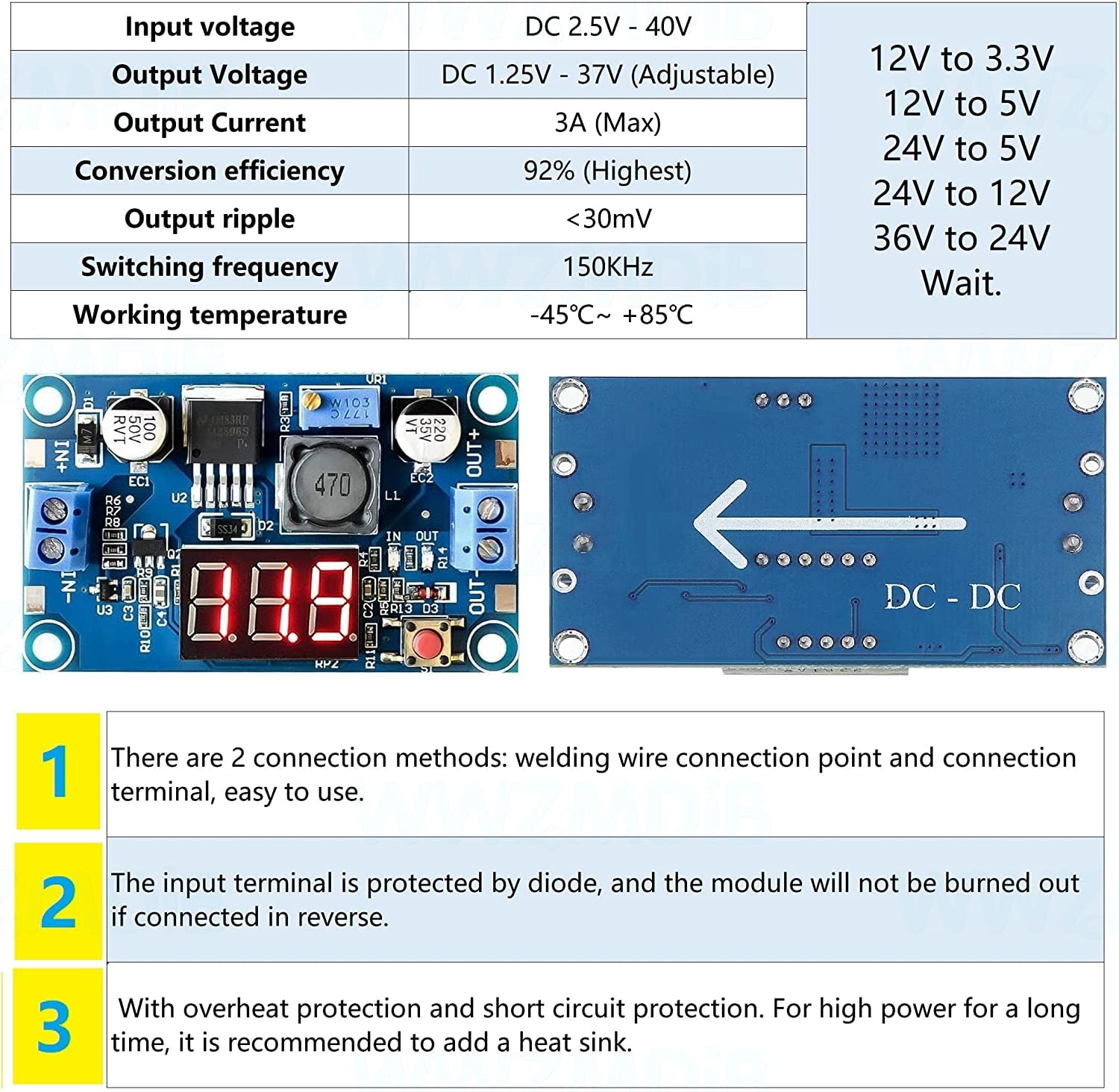 WWZMDiB LM2596 Voltage Regulator DC to DC Converter 3.2-35V to 1.25-30V Buck Converter (3Pcs LM2596 with LED Display)