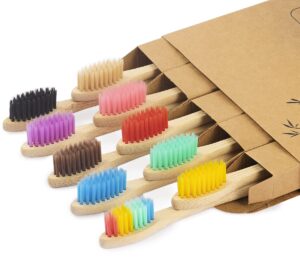 nuduko biodegradable bamboo toothbrushes, 10 piece bpa free soft bristles toothbrushes, natural, eco-friendly, green and compostable (multicolored bristles)