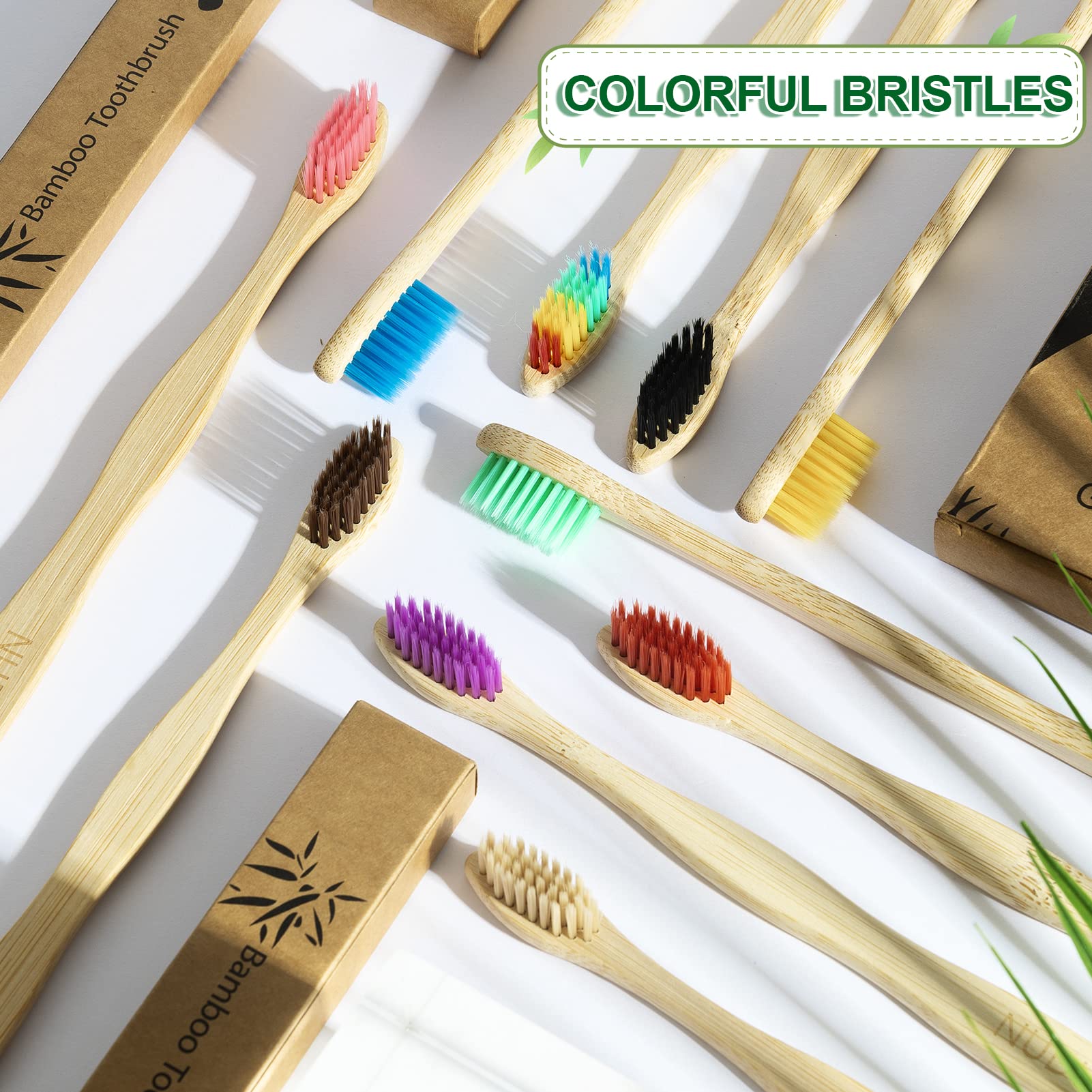 NUDUKO Biodegradable Bamboo Toothbrushes, 10 Piece BPA Free Soft Bristles Toothbrushes, Natural, Eco-Friendly, Green and Compostable (Multicolored Bristles)