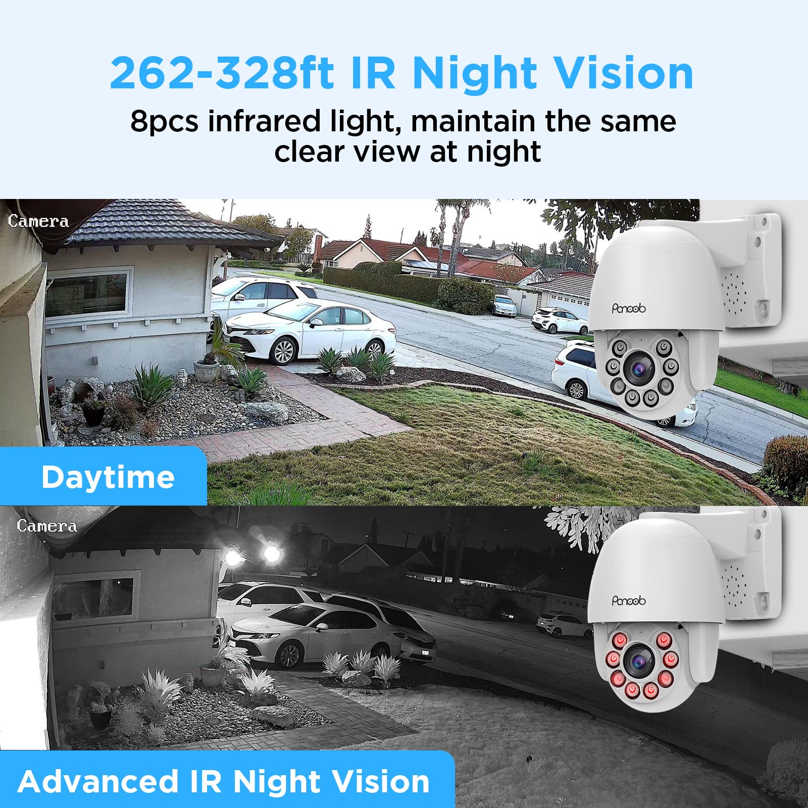 PANOOB 6MP PTZ Outdoor Camera, 355° Pan 90° Tilt 5X Optical Zoom PoE IP Security Cams, AI Human Vehicle Detection, 2.7-13.5mm Lens, 328ftIR Night Vision, Two Way Talk, Support 256GB SDCard, PT16A-6MZ