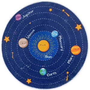 Solar System Kids Area Rug Nursery Rug Educational Galaxy Mat Learning Soft Carpet Non Skid Crawling Play Rug Boys Activity Mat for Toddler Bedroom Playroom (Round 31.5'' Blue)