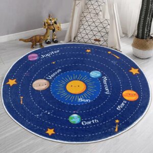 solar system kids area rug nursery rug educational galaxy mat learning soft carpet non skid crawling play rug boys activity mat for toddler bedroom playroom (round 31.5'' blue)