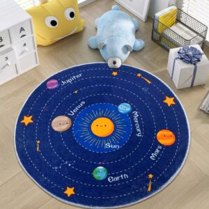 Solar System Kids Area Rug Nursery Rug Educational Galaxy Mat Learning Soft Carpet Non Skid Crawling Play Rug Boys Activity Mat for Toddler Bedroom Playroom (Round 31.5'' Blue)