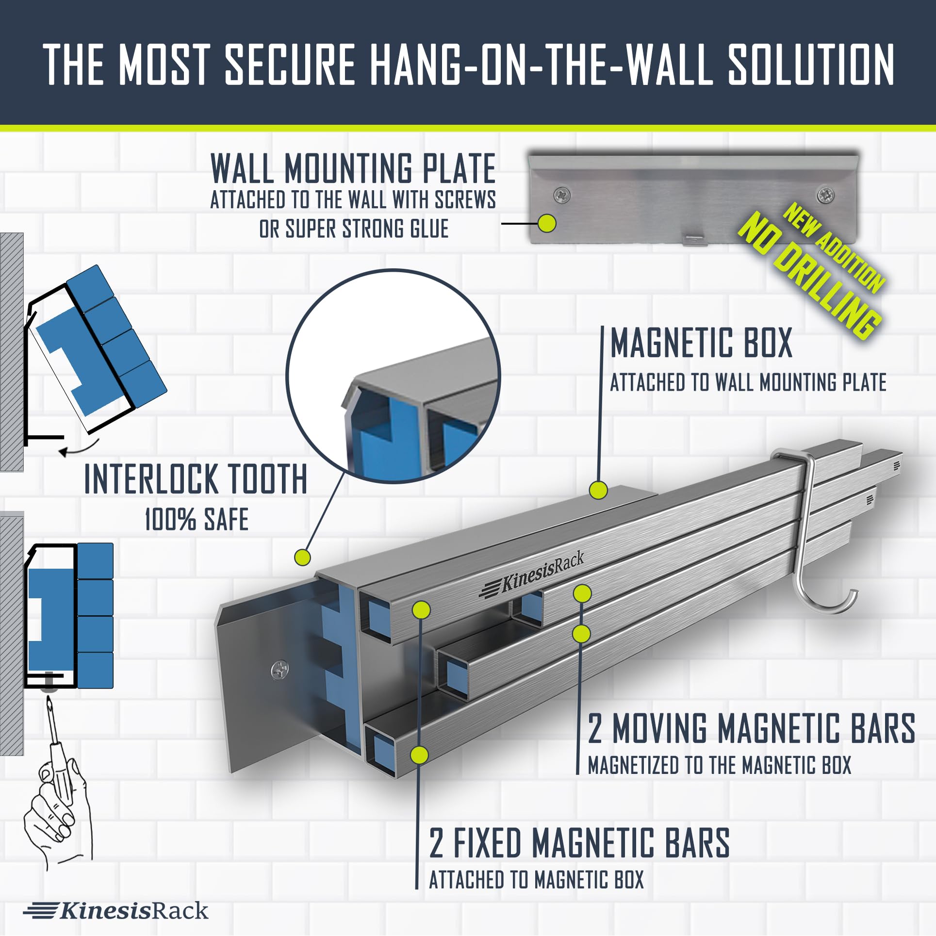 KINESISRACK Magnetic Knife Holder for Wall 16 inch Extends up to 30 inches 4 Strip Neodymium Magnetic Rack with 10 Hooks for Kitchen Utensils Organize. No Drill Tools Holder