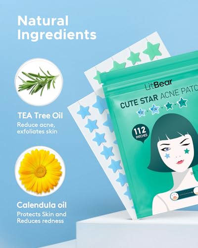 LitBaer Star-Shaped Pimple Patch Hydrocolloid Acne Stickers with Tea Tree Oil + Salicylic Acid, Cover Dot for Acne Blemish, Pimples, Whiteheads, Zit, Draw out Oil & Impurities, 112 Dots, 14mm & 10mm